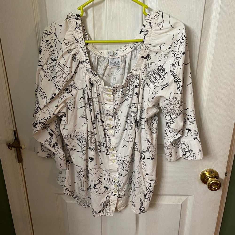 Carolina Colours black/white artsy button down blouse.  Plus size